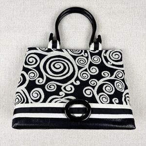Pee Dee Bee Designes Bag Purse Black White Ribbon Detail 12”x 10” x 5” Handbag